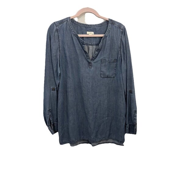 J Jill Denim Chambray Blouse Women Size Medium Blue Roll Up Sleeves - Picture 1 of 10